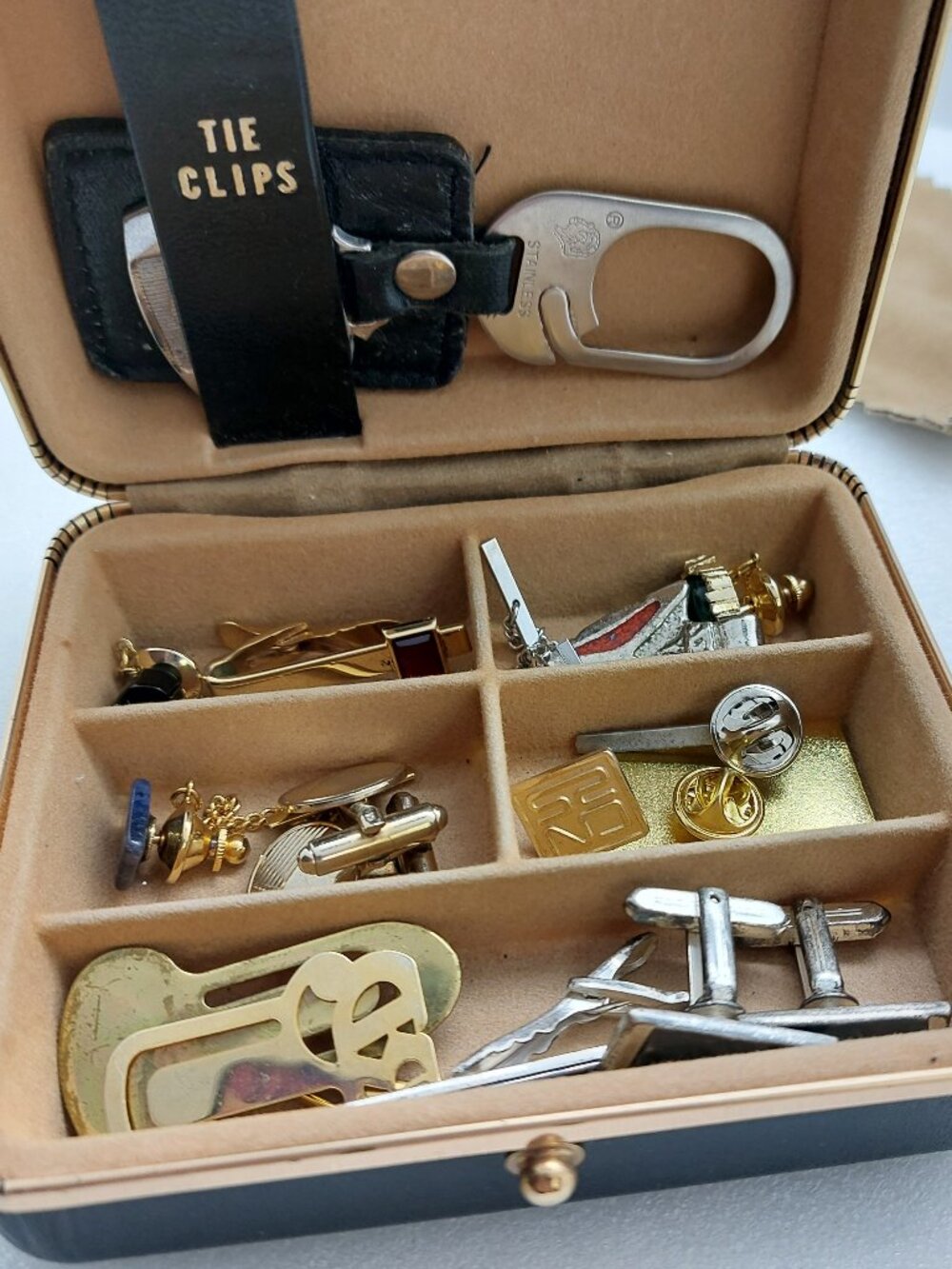 Black & Gold Tone Box Lot Of Vintage Cuff Links, Tie Clips, Lapel Pin, Clips